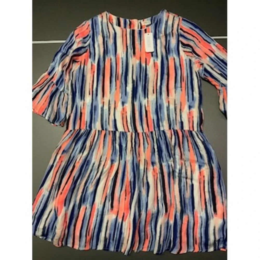 Gymboree Girls Size 14 Blue Coral Abstract Stripe Bell Sleeve Drop Waist Dress